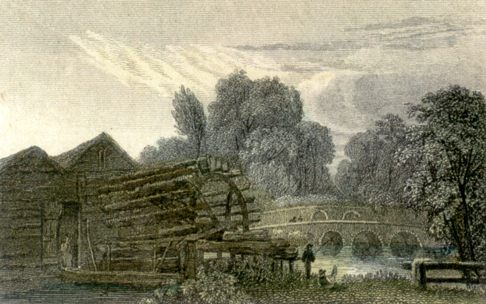 Hand-tinted engraving of Mitcham Bridge from Glover's Snuff Mill c.1800
