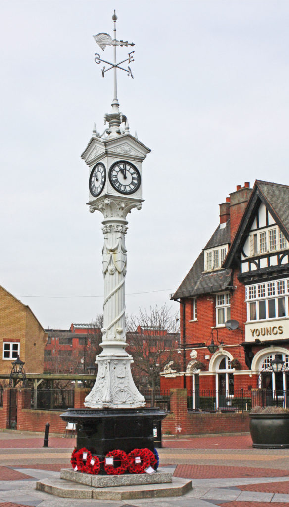 Mitcham Clock Tower, Mitcham Upper Green, Mitcham CR4. Erected in 1898 to commemorate the Diamond Jubilee of Queen Victoria, replacing the Village Pump. Moved to its current position in 1994
