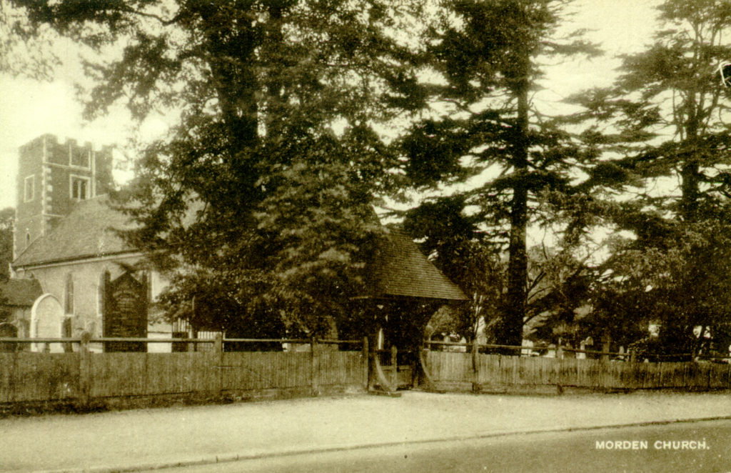 St Lawrence Church, Morden. Undated sepia postcard by Tuck.