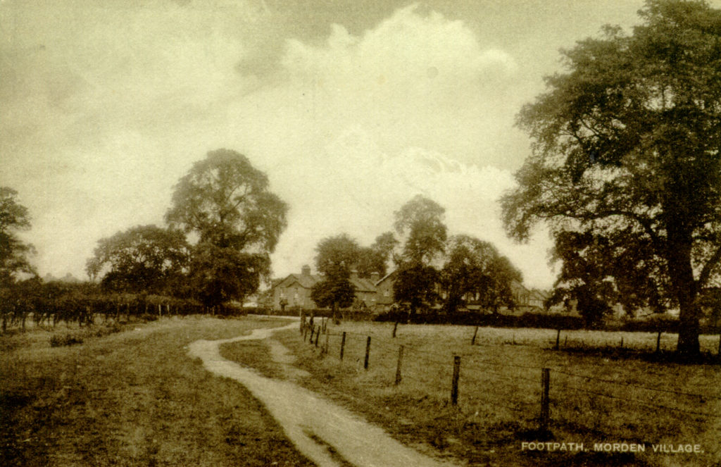 'Footpath, Morden Village'. Undated sepia postcard by Tuck.
