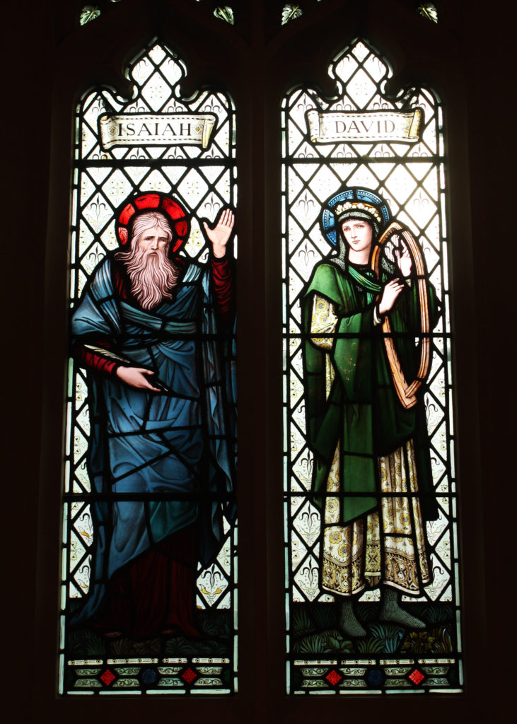 David and Isaiah, two windows as part of a memorial to John Innes (1829-1904), Church of St Mary the Virgin, Church Path, Merton Park SW19. From designs by Edward Byrne-Jones, made at the Morris & Co. works in Merton, 1907.
