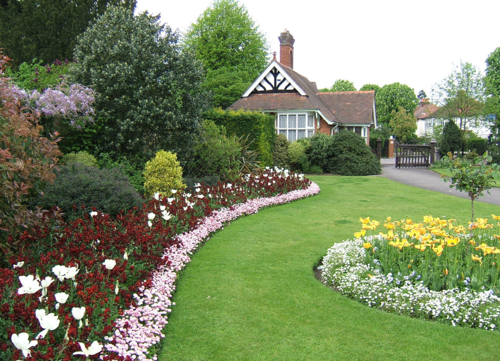 Flower beds and entrance lodge, John Innes Park, Mostyn Road, Merton Park SW20