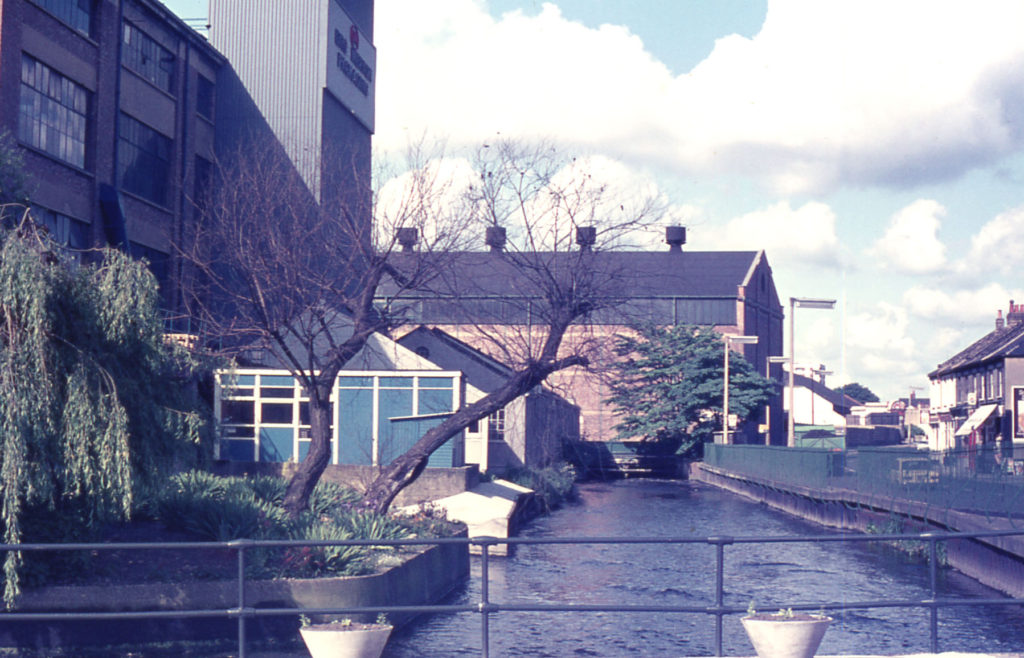 River Wandle west of Merton Bridge, by Board Mills, Merton High Street, London SW 19.