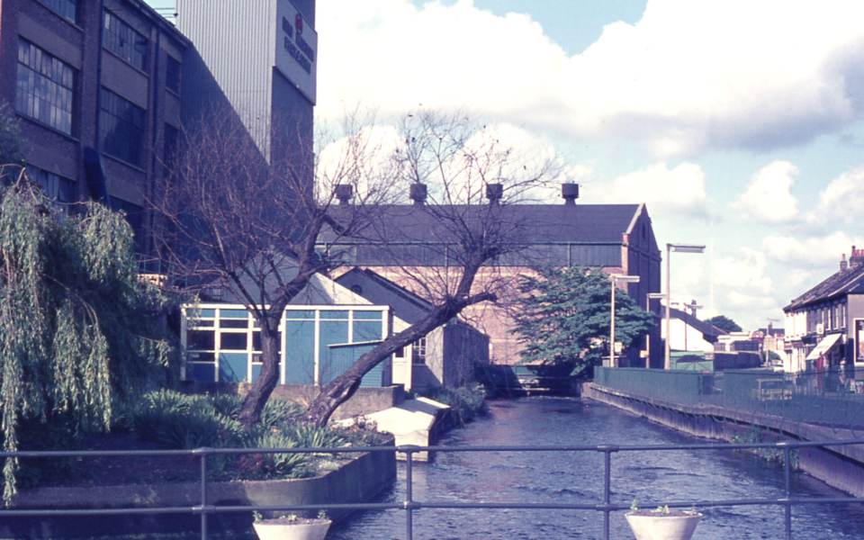 River Wandle west of Merton Bridge, by Board Mills, Merton High Street, London SW 19. 