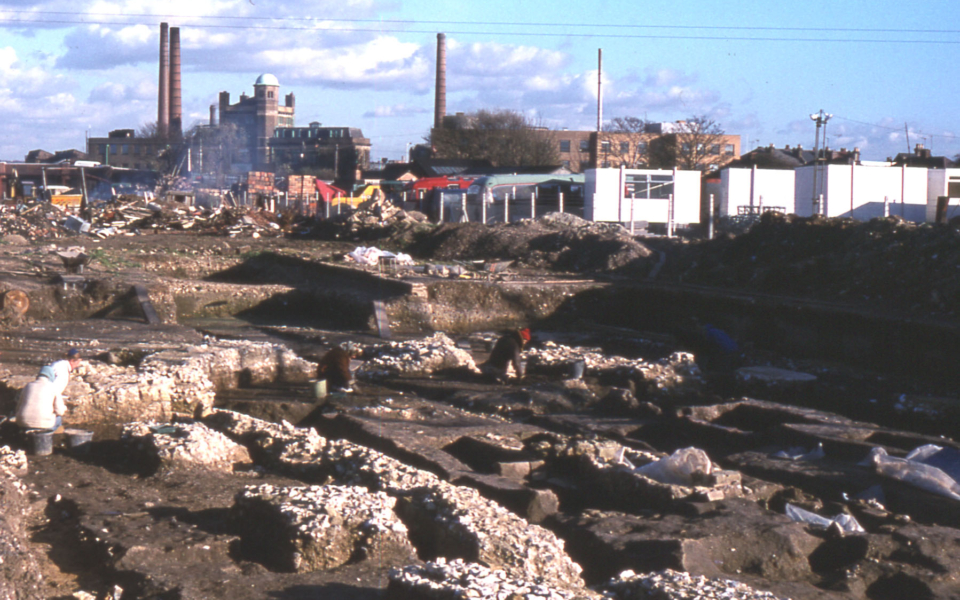 Excavation of the Chapter House of Merton Priory, Merton, London SW 19. Looking east. 