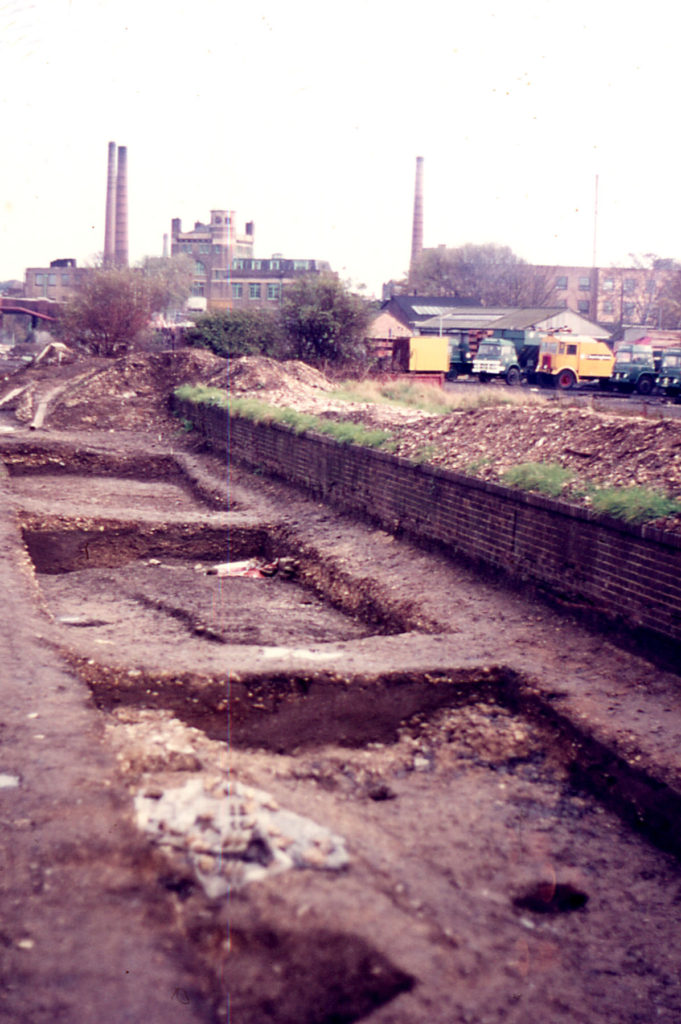 Excavation of the Chapter House of Merton Priory, Merton, London SW 19. Looking east.