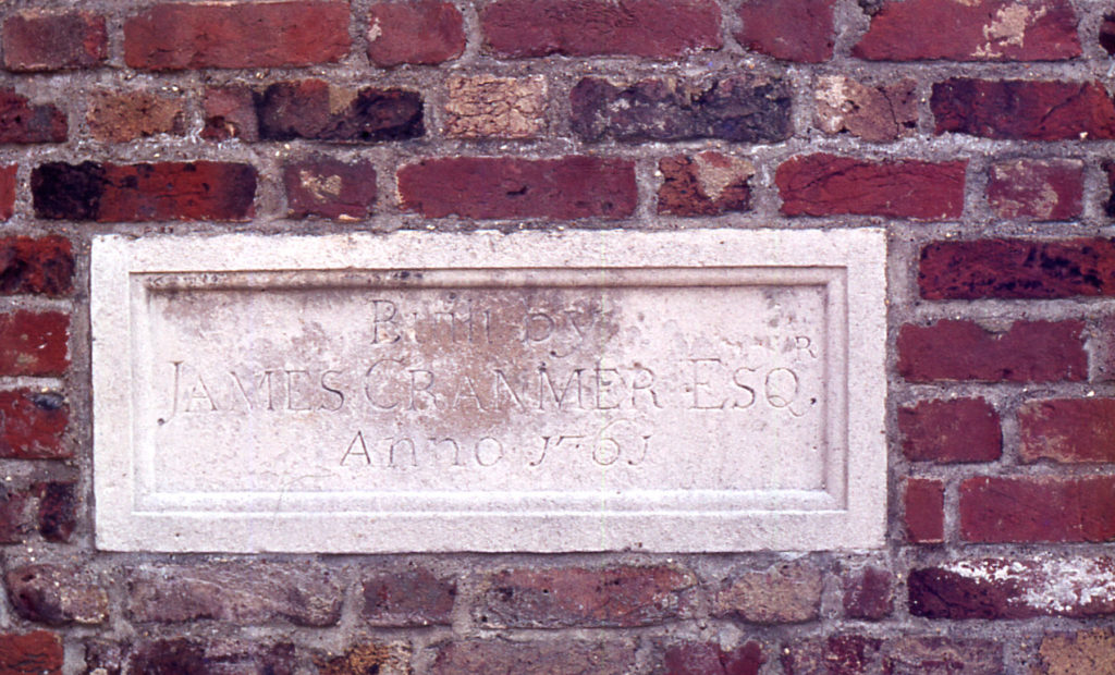 The Canons, Madeira Road, Mitcham, Surrey CR4. Stone in boundary wall. built 1761 for James Cranmer. squire of Mitcham. who inherited the estate in 1752.