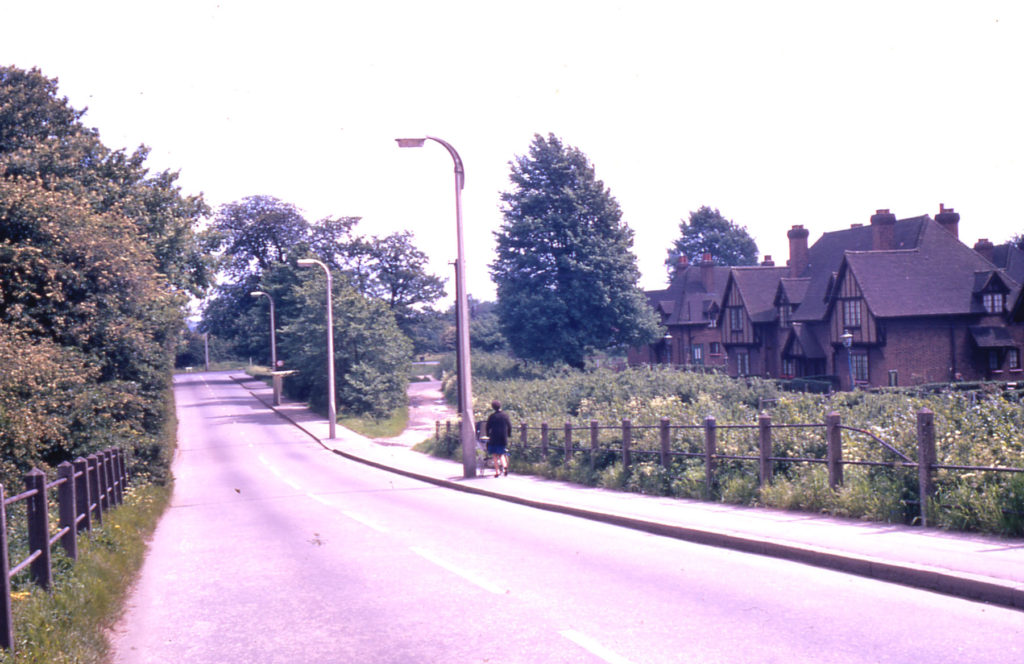 Cranmer Road and Rowcroft corner, Mitcham, Surrey CR4, . A view from Cranmer Bridge. looking south. Mitcham Garden Village is on the right. built on Rowcrofts. an ancient rough pasture.