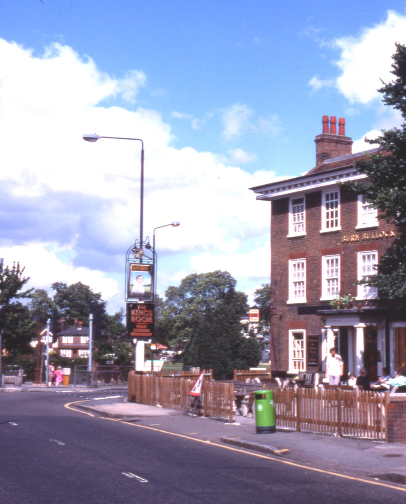 The Burn Bullock, 315 London Road, (at Mitcham Cricket Green), Mitcham, Surrey CR4. Looking norht-east. Until 1975 it was the King's Head. It was re-named after a former licencee - Surrey and Mitcham cricketer Burnley Bullock.