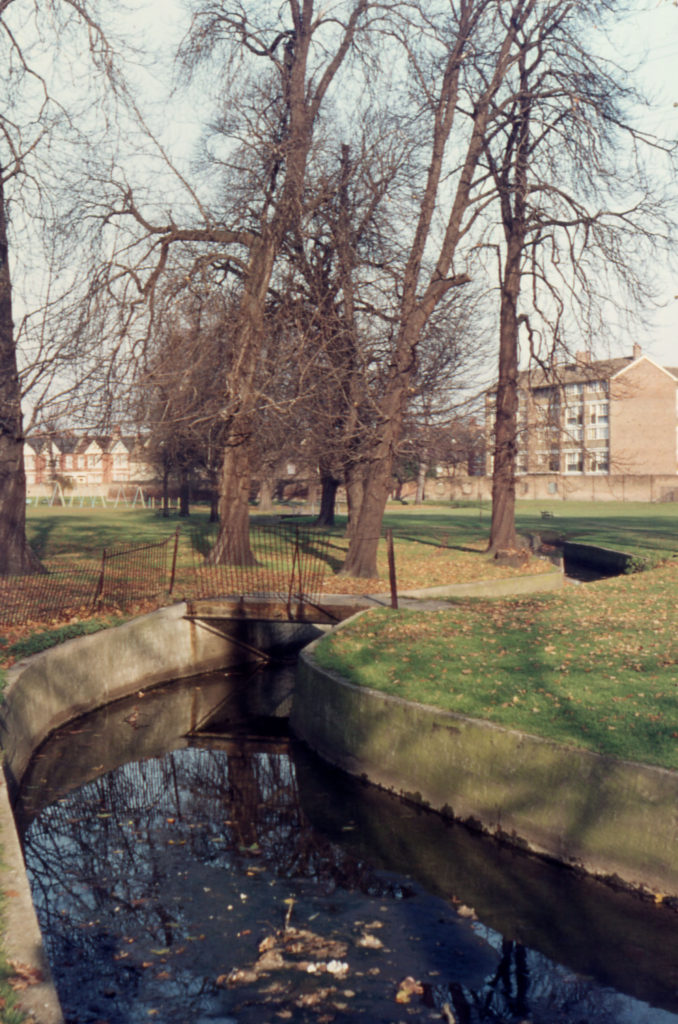 Old course of the Wandle, Wandle Park, Colliers Wood, London SW19. Looking north.