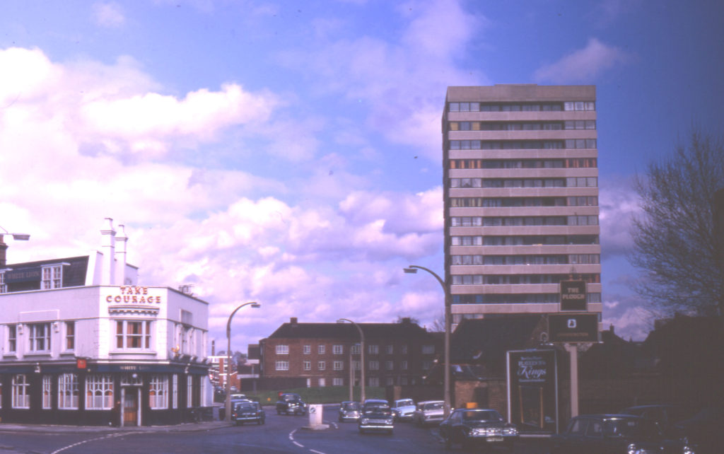 Junction of Plough Lane and Summerstown, Tooting, London SW17. White Lion (left). Mead Path (Colliers Wood. SW19) on right.