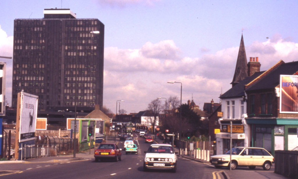 Christchurch Road, Colliers Wood, London SW19. Looking north. Line of Surrey Iron Railway.