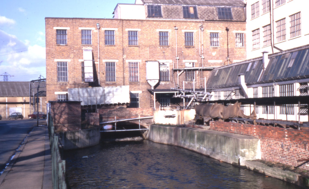 Merton Mill, Colliers Wood, London SW19. From Wandle Bank. looking north.