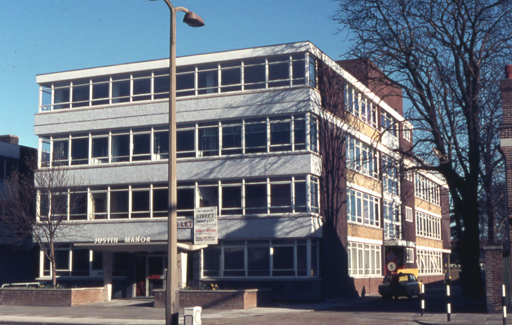 Justin Manor office block, London Road, Mitcham, Surrey CR4. Built 1970 on site of the Manor House. A third floor was added c. 1973.