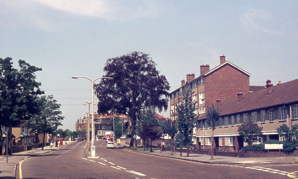 London Road, Mitcham, Surrey CR4. Beeches House (right) was built in the 1960s on the site of the former brewery (later Lactagol works). The roadside copper beech (in the gardens of the works) was was felled in 1975.