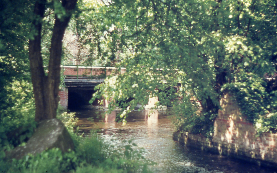 Mitcham Bridge and site of Glovers Mill, Mitcham, Surrey CR4. The bridge was widened and extended obver the ford in the late 1940s.