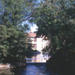 River Wandle from London Road Bridge, Mitcham, Surrey CR4. Looking upstream. The former