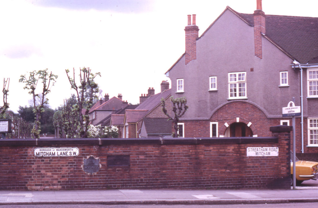 Streatham Road/Mitcham Lane, London SW17. Roe Bridge : Parish Boundary. First bridge put up by Merchant Taylors Co. after Thomas Roe. Master in 1553. escaped drowning when crossing river. He was Lord Mayor of London in 1568.