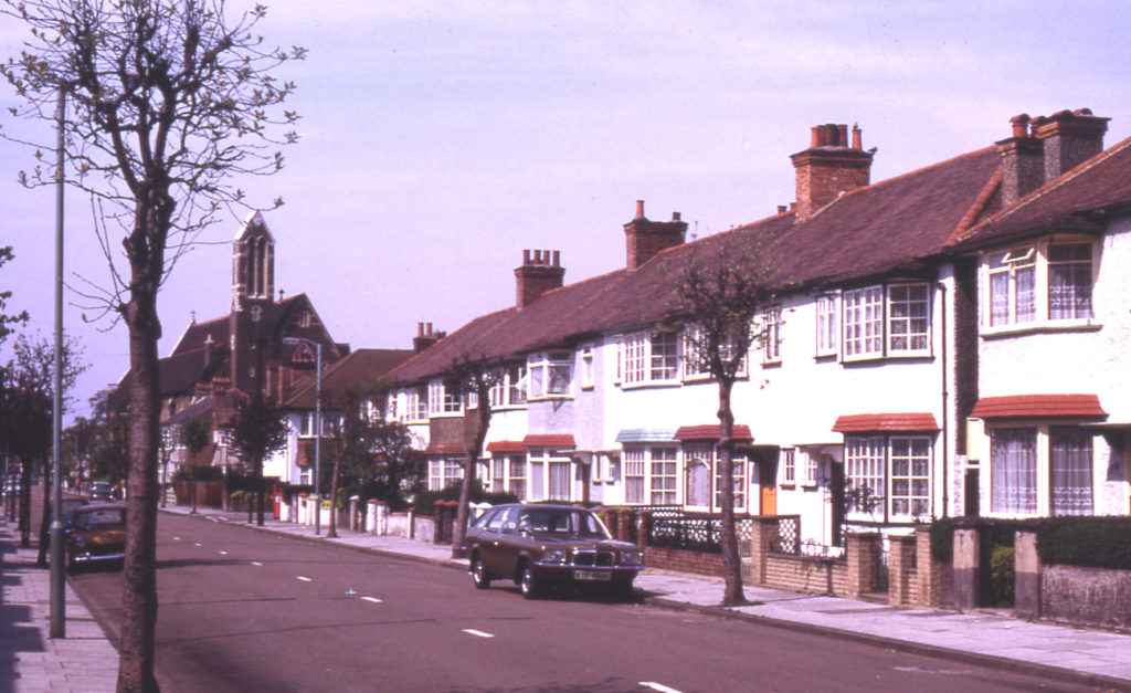 Gorringe Park Avenue, Mitcham, Surrey CR4. This was the drive to Gorringe Park House. Site of Biggin Farm & Biggin Grove. The house was built in late 1860s after demolition of Biggin farmhouse. For 30 years home of Mr. & Mrs. Harris.