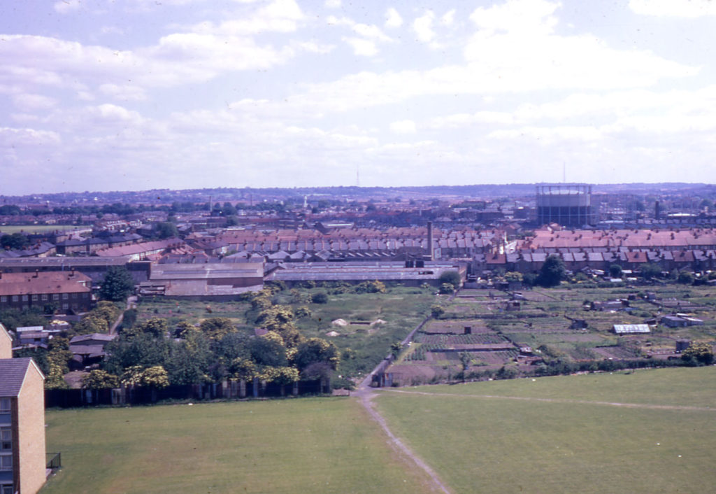 View east from Ottershaw House (Phipps Bridge Estate), Mitcham, Surrey CR4. Showing Short Batchwork allotment.