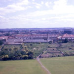 View east from Ottershaw House (Phipps Bridge Estate), Mitcham, Surrey CR4. Showing Short Batchwork allotment.
