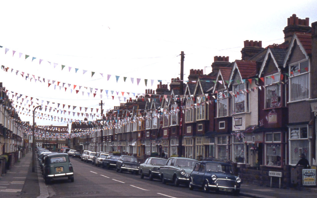 Queen's 25th Jubilee decorations in Oakwood Avenue, Mitcham, Surrey CR4.