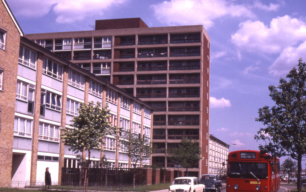 Phipps Bridge Estate of 1960s, Mitcham, Surrey CR4. Completed c. 1968. 4 of the 5 tower blocks were demolished in the 1990s/early 2000s.