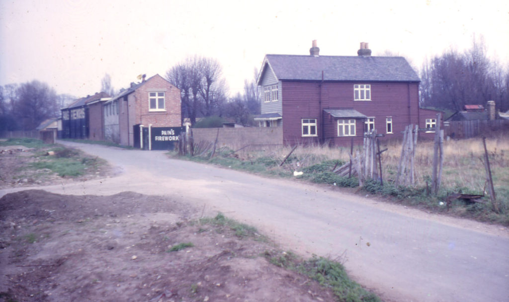 Acacia Road entrance to Pain's Firework Factory, Mitcham, Surrey CR4. James Pain & Sons Albany Firework Manufactury. established in 1872. Production ceased in 1965. In 1966 the derelict land to the left had just been vacated by Mizen Brothers. market gardeners.