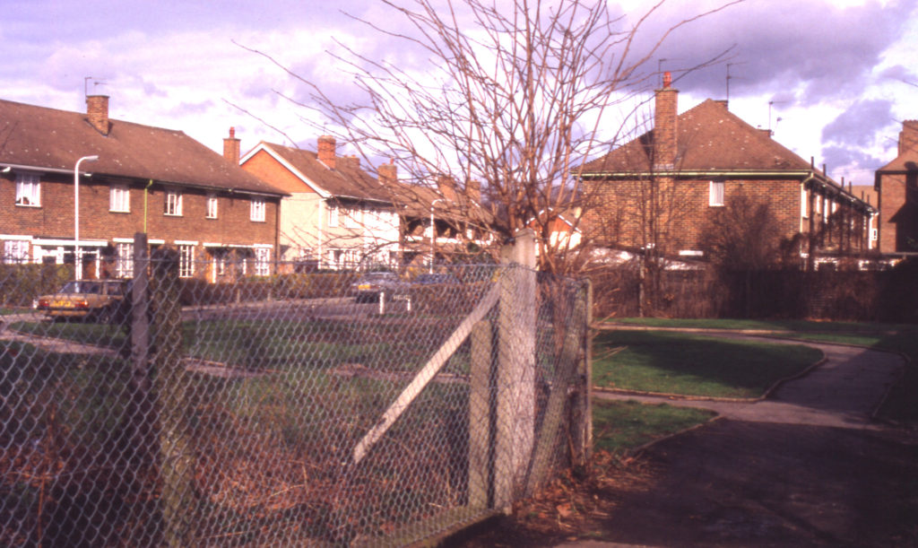 Hengelo Gardens, Mitcham, Surrey CR4. Site of old Ravensbury print works.
