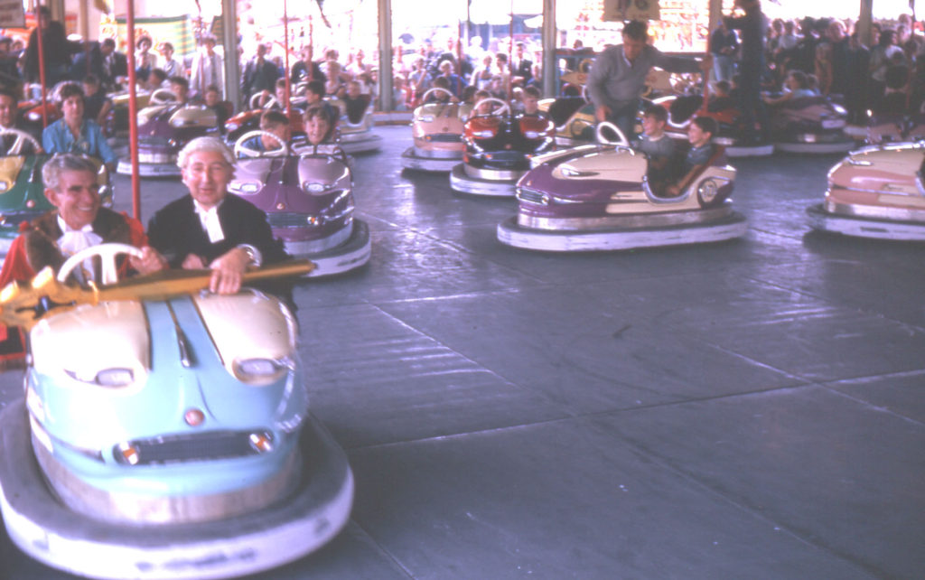 Mitcham Fair, Three Kings Piece, Mitcham, Surrey CR4. The Dodgems during the opening of the Fair.