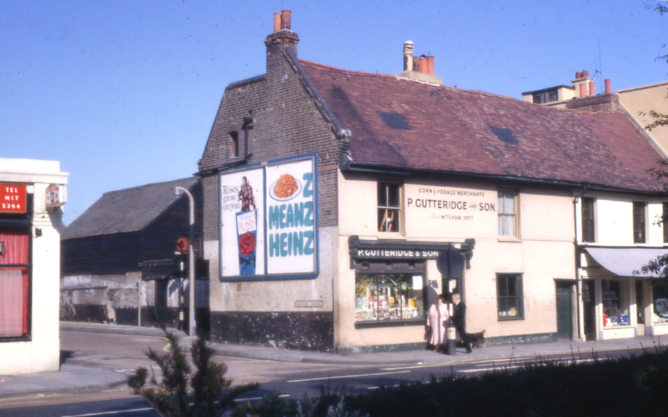 Gutteridges' shop, 29 Upper Green east, Mitcham, Surrey CR4. Corn and Forage Merchants. Building dated for early 18th century. Demolished 1969. Barclays Bank now stands on the site.