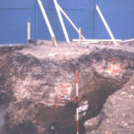 Durham house site, Upper Green Mitcham, Surrey CR4. Chalk block walling with sandy layer. overlain by walls of Mitcham House. Nags Head in background.