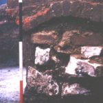 Durham house site, Upper Green, Mitcham, Surrey CR4. Chalk block wall and sandy layer. site of Mitcham House.