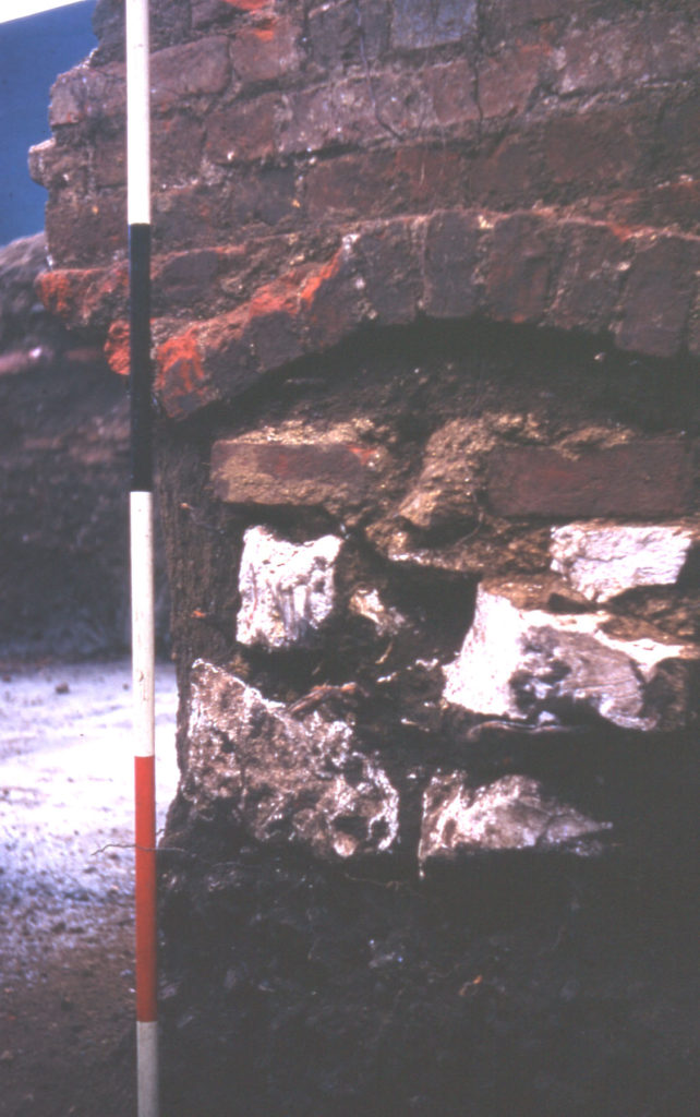 Durham house site, Upper Green, Mitcham, Surrey CR4. Chalk block wall and sandy layer. site of Mitcham House.