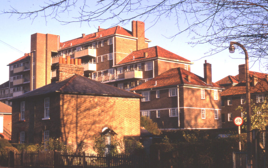 116/8 Love Lane, Mitcham, Surrey CR4. With Council flats in rear.