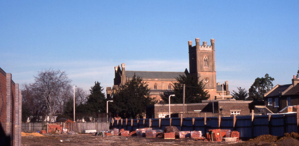Site of Moffat Gardens, Mitcham, Surrey CR4. Church Road link under construction.
