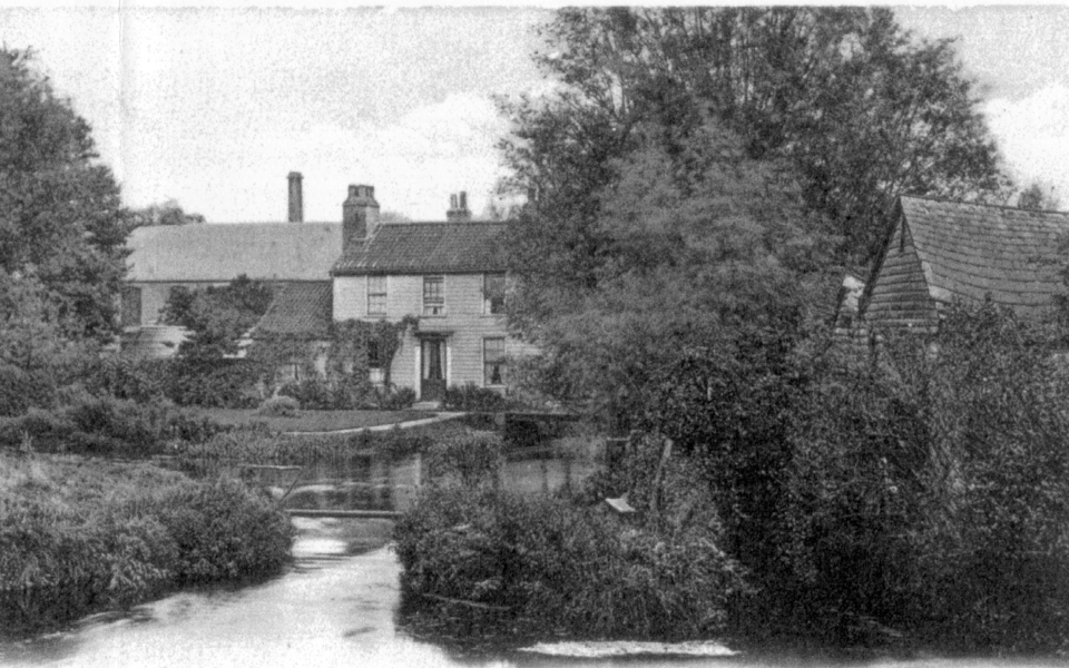 Crown Mill (left), Wandle Cottage (475 London Road), and Morden Snuff Mill (right) Mitcham. Undated postcard.