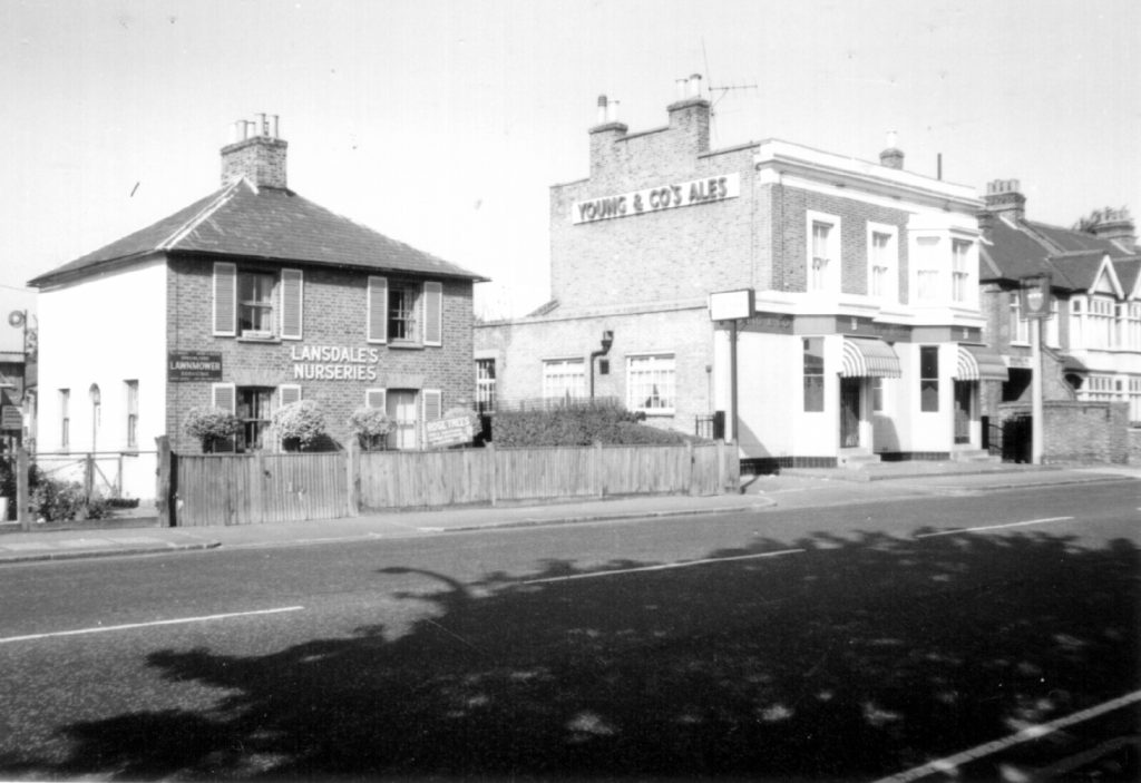 102-100 Morden Rd SW19. Lansdale's Nurseries and Prince of Wales public house (1970) WJR