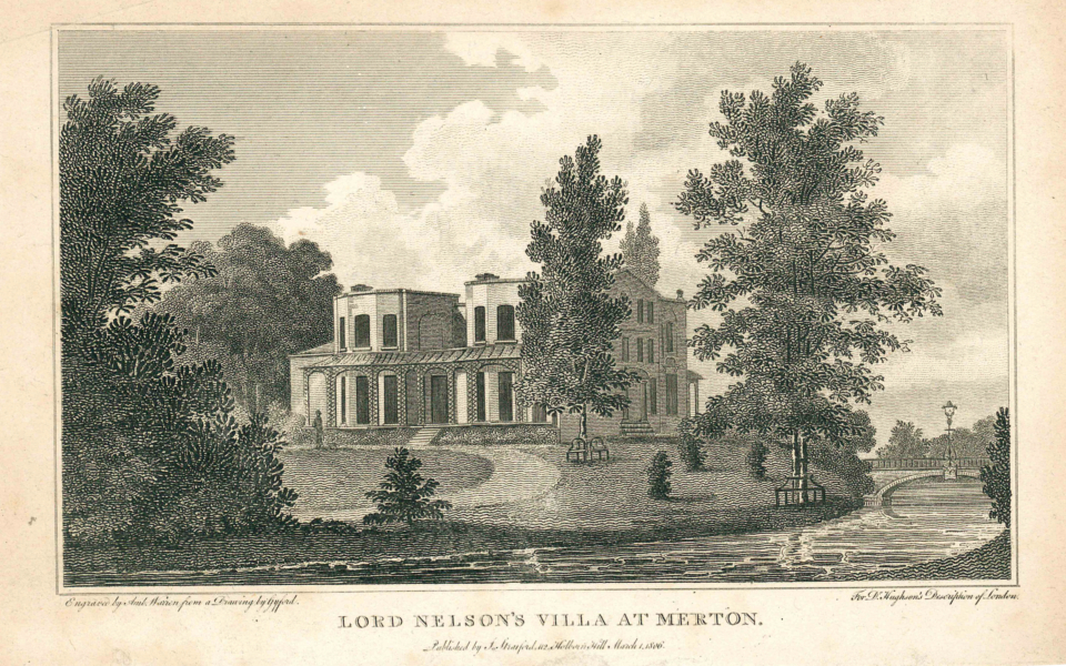 Engraving of 'Lord Nelson's Villa at Merton, Engraved by Amb. Warren from a Drawing by Gyford For Dr. Hughson's Description of London, Published by J. Stratford, 112, Holborn Hill March 1, 1806.'