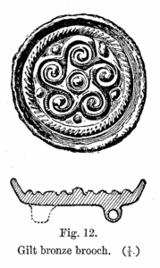 Anglo-Saxon Cemetery, Mitcham: gilt bronze brooch (from H F Bidder Surrey Archaeological Collections 21 (1908) p.13