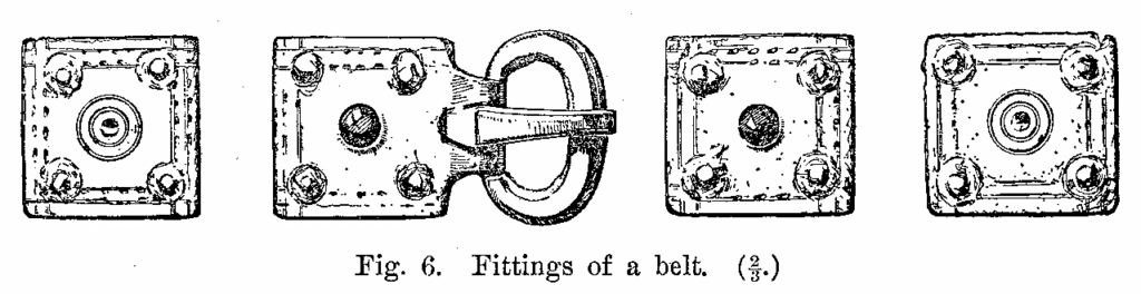 Anglo-Saxon Cemetery, Mitcham: Fittings of a belt (from H F Bidder Surrey Archaeological Collections 21 (1908) p.7