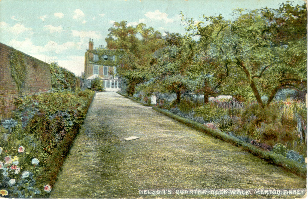 Not 'Nelson's Quarter Deck Walk' at Merton Place but a garden walk at Gate House, Merton Abbey. Postcard c.1909,