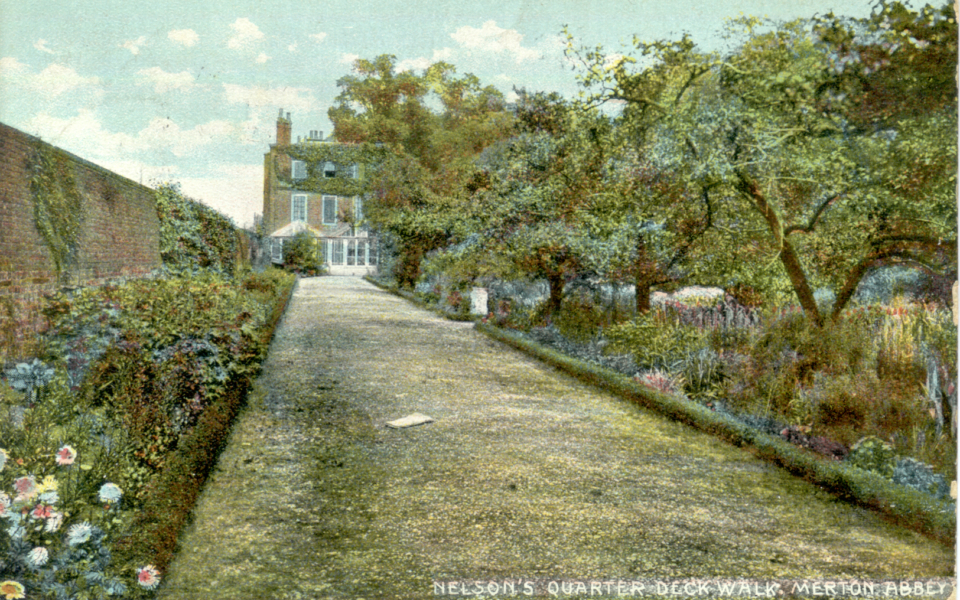 Not 'Nelson's Quarter Deck Walk' at Merton Place but a garden walk at Gate House, Merton Abbey. Postcard c.1909,