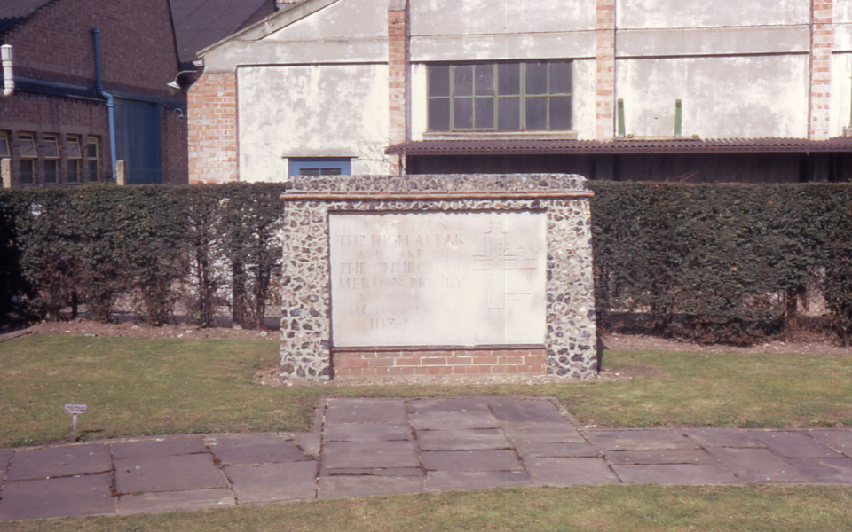 Commemorative stone erected on site of High Altar of Merton Priory (ENM) 1968