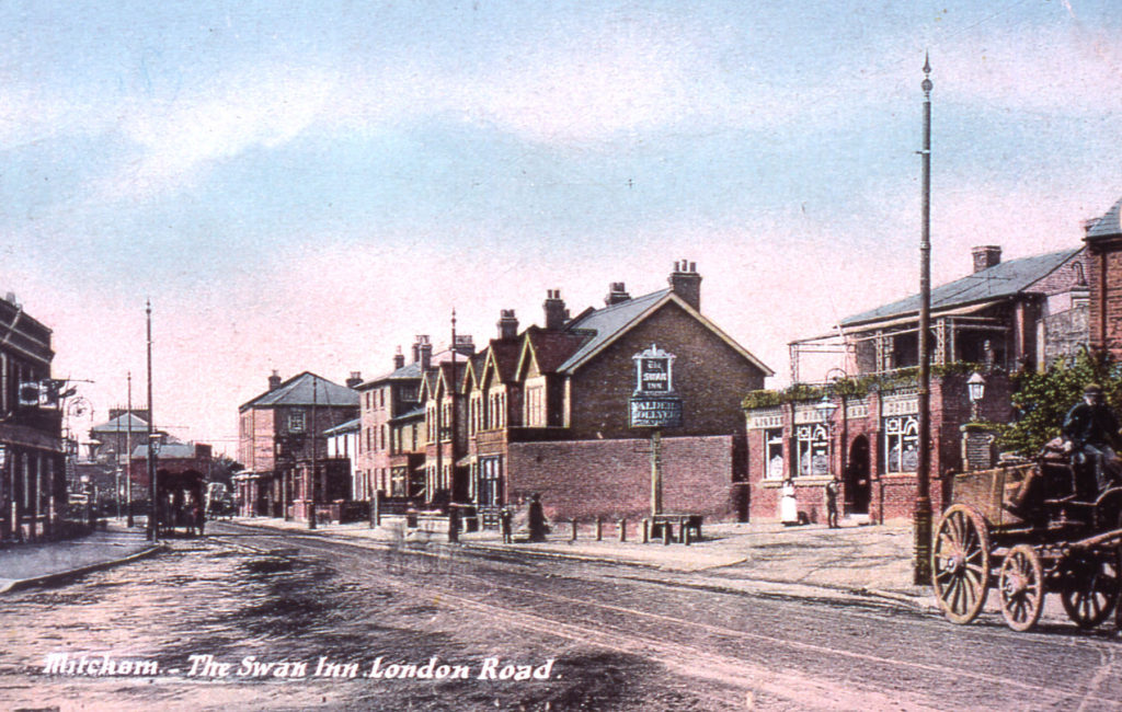 'Mitcham, The Swan Inn, London Road'. Postcard c.1905. Looking south.