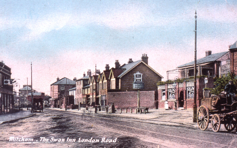 'Mitcham, The Swan Inn, London Road'. Postcard c.1905. Looking south.