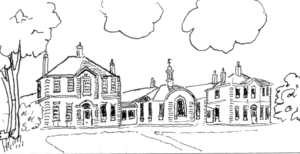 The Nelson Hospital: sketch, by Judith Goodman, based on the architect’s drawing as published in the Wimbledon Borough News of 22 July 1911